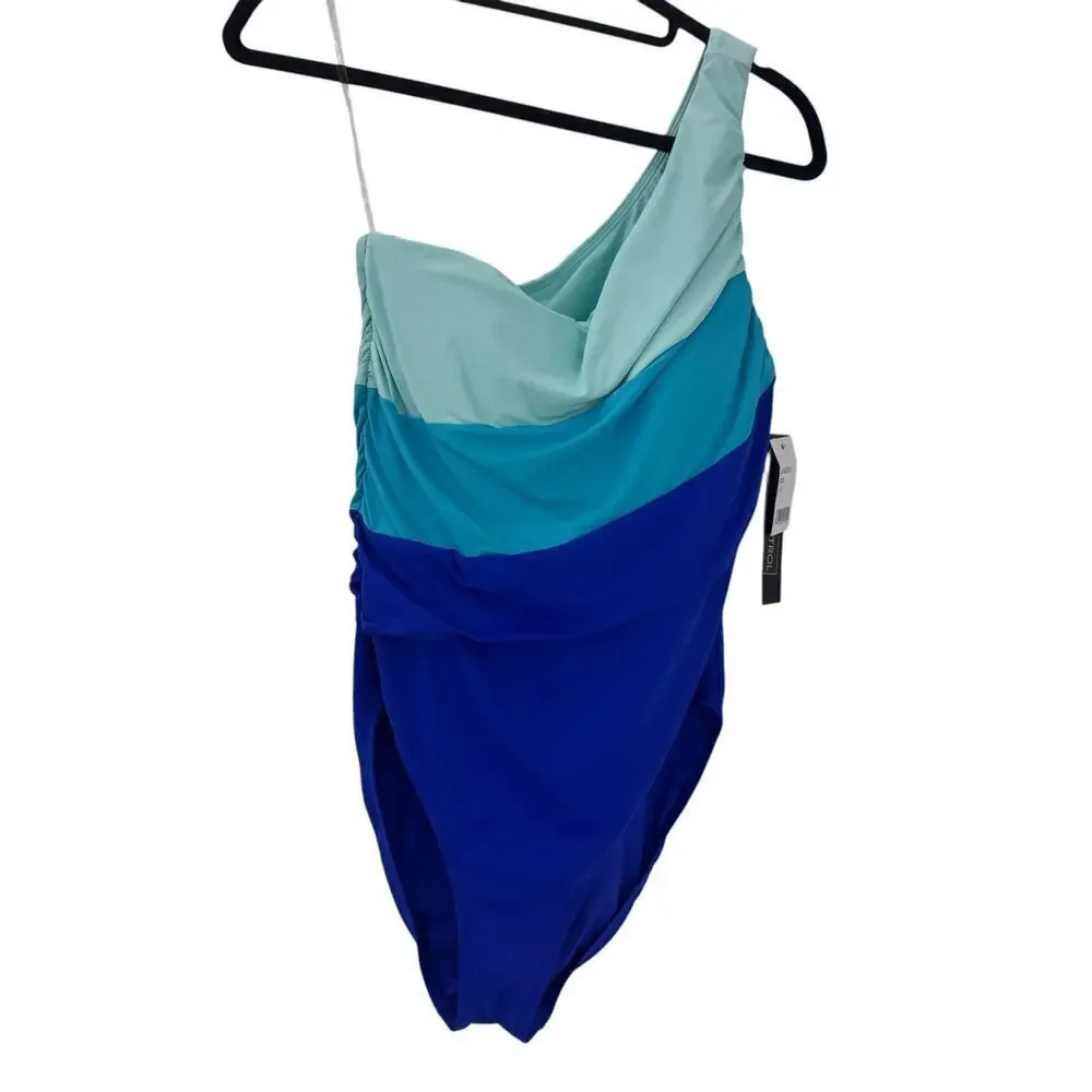 La Blanca Island Goddess Ruched One-Shoulder Swimsuit Ice Blue Size 14 NWT